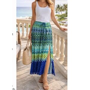 Chicos Maxi Skirt Size 1 Blue Green Boho Geometric Elastic Waist Slit